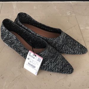 NEW Zara Woman Black/Silver Textured Canvas Flats